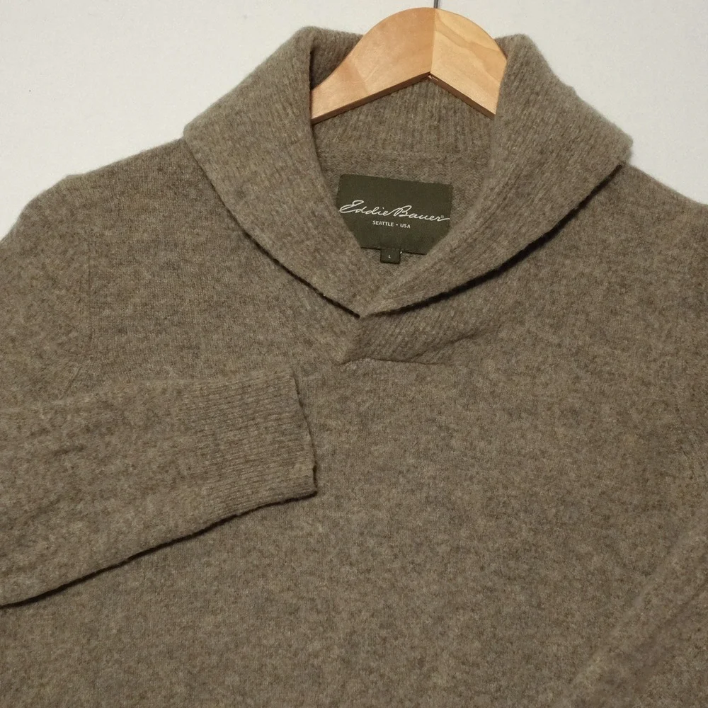 VTG Eddie Bauer Sweater Mens L 100% Lambswool Shawl Collar Academia Tan Heather